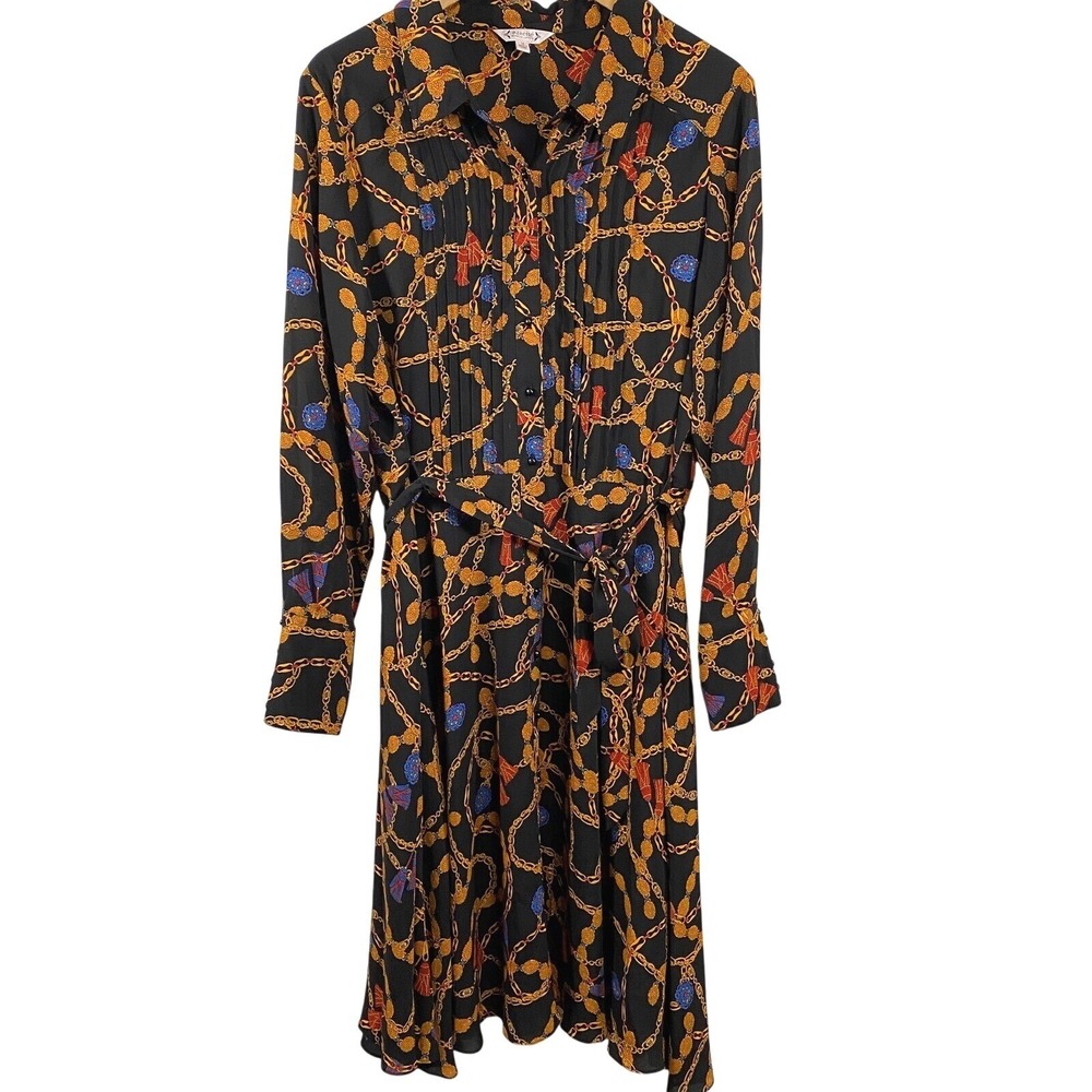Nanette Leopore Womens‎ Chain Print Long Sleeve Midi Dress sz 14 Blue Old Money
